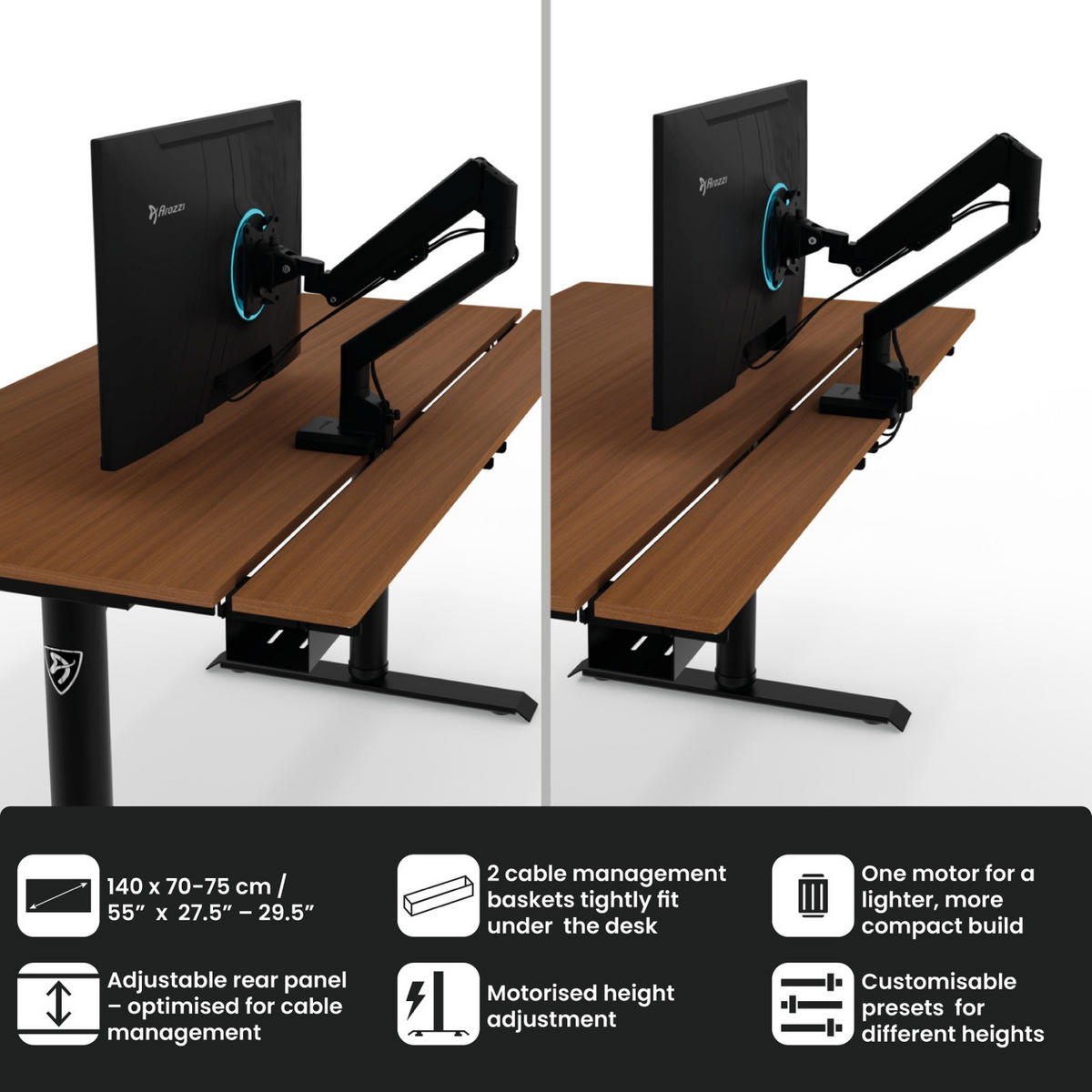 GAMINGTISCH Arena Nordico 140/70/71-115 cm Höhenverstellbarer Nussbaum - Schwarz, Metall (70/140/115cm) - Arozzi