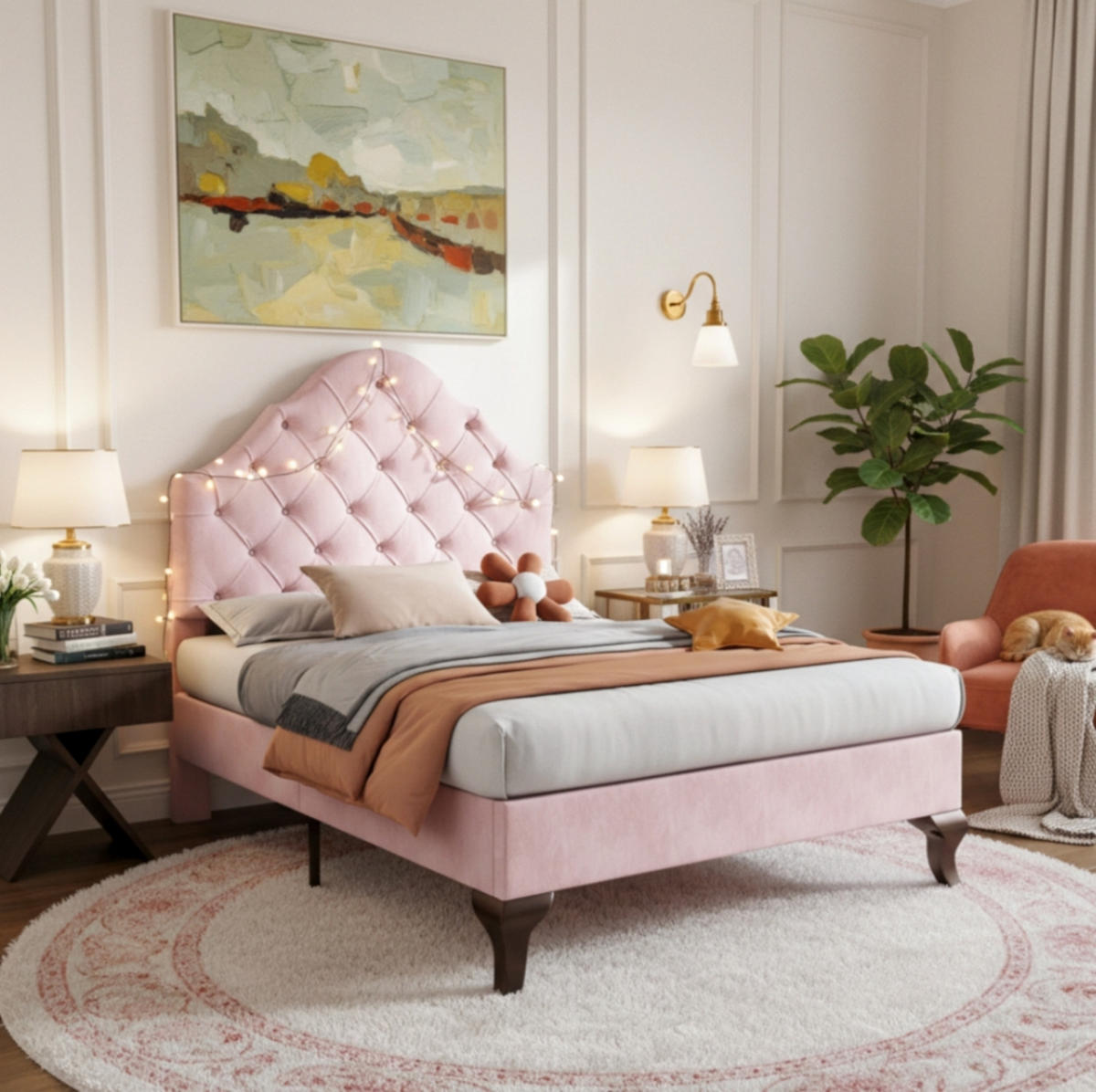 BETT mit verstellbarem Kopfteil 90x200 cm Samt Pink - Pink, Metall (90/200cm) - Meubliv