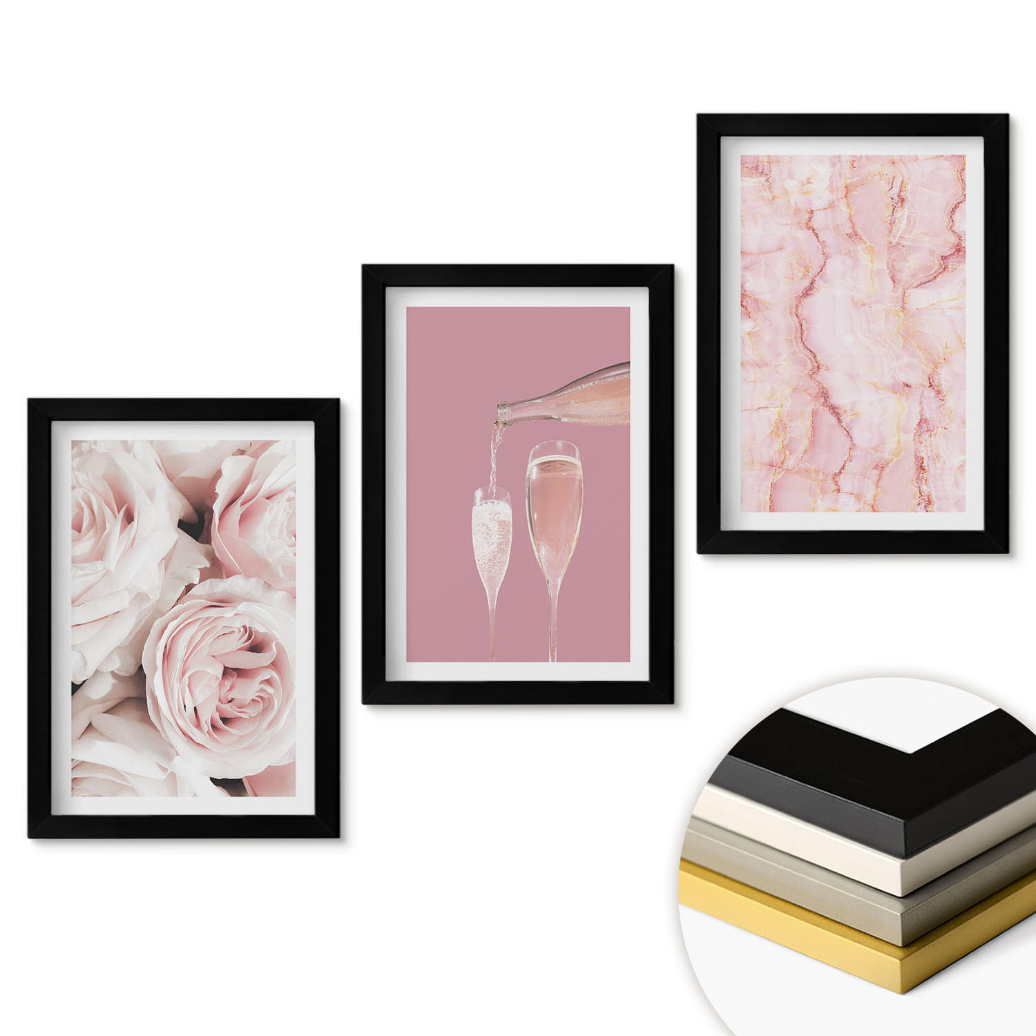 WANDBILDER 3er-Set - 20x30 cm Schwarzer Rahmen - Champagnerfarbene Rosen, Marmorhintergrund - Schwarz, Kunststoff (20/30cm) - ArtPrintCave