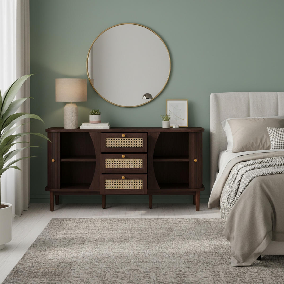 SIDEBOARD Walnuss Optik mit Rattan Schubladen und Schiebetüren - Walnussfarben, Naturmaterialien/Holzwerkstoff (140.5/73/40cm) - Urban Meuble