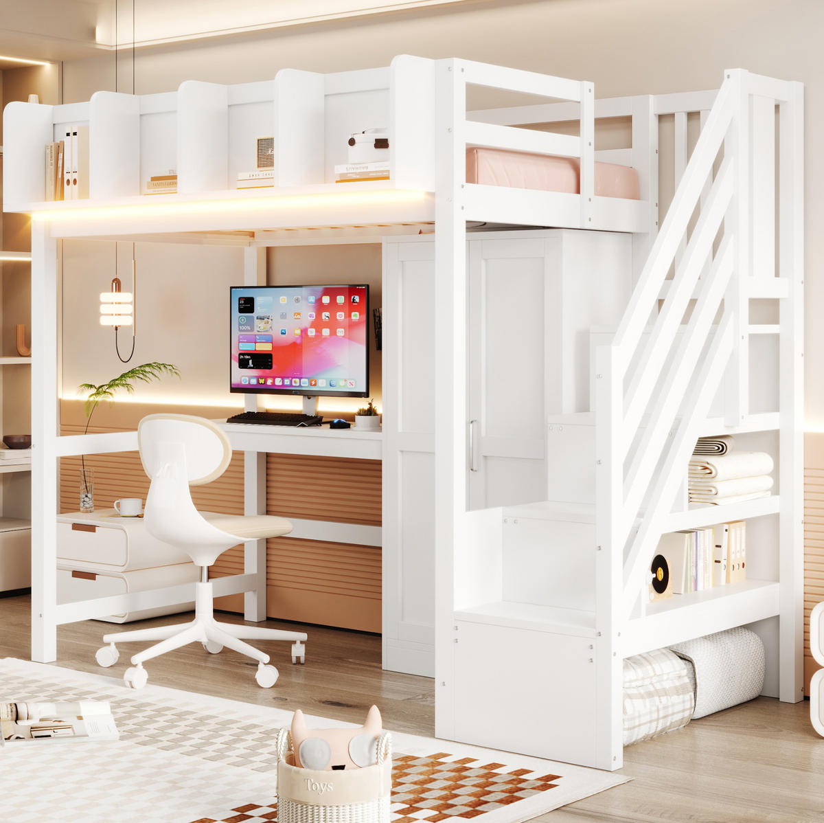 HOCHBETT 90/200 cm aus Holz mit Schreibtisch Kleiderschrank LED und Stauraumleiter Weiß - Weiß, Holz (90/200cm) - Modenvie