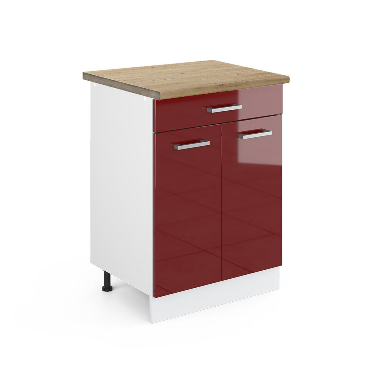 KÜCHENUNTERSCHRANK R-Line Rot Hochglanz 60 cm mit Schublade, AP Eiche - Bordeaux/Rot, Holzwerkstoff (60/81.6/60cm) - Vicco