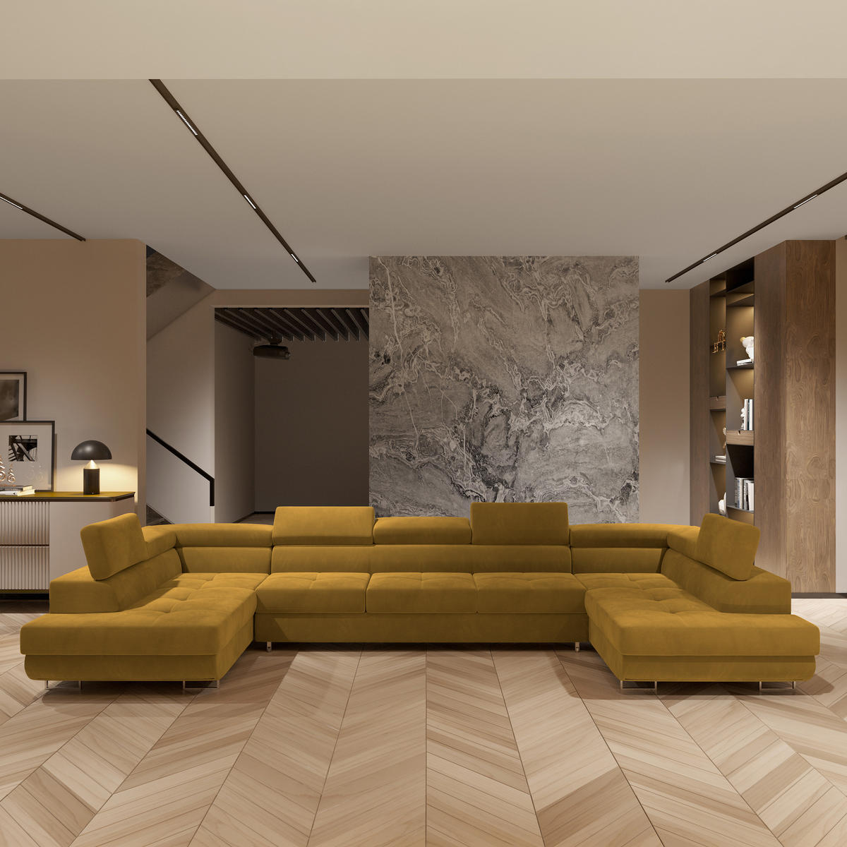 ROHOVÁ SEDAČKA ISOLANO žlutá - stříbrná/žlutá, kov/dřevo (408/202cm) - MASSENO