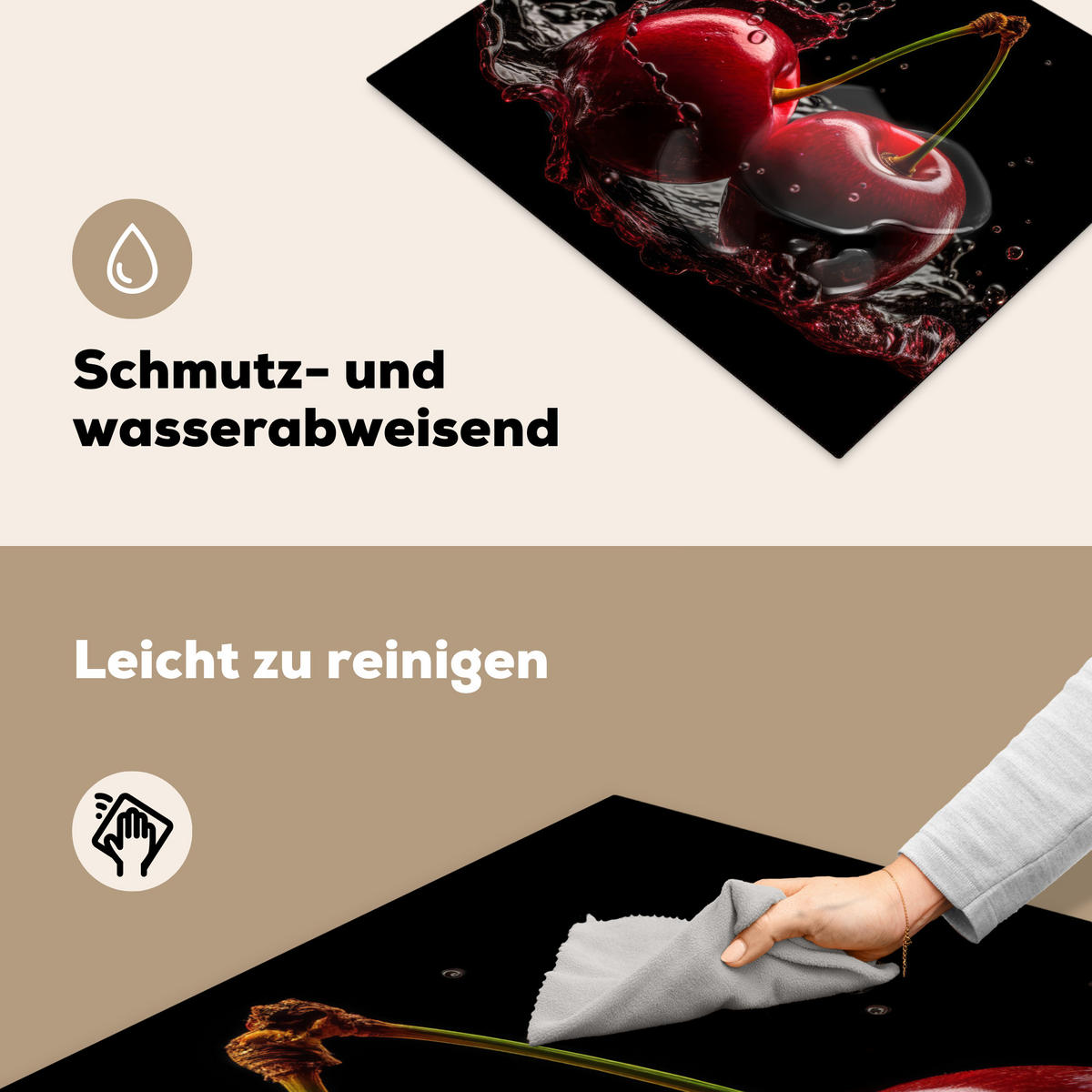 HERDABDECKPLATTE Kirsche - Rot - Frucht - Wasser - Schwarz Herdabdeckung Induktionsfeld 65x52 cm - Kirschrot, Kunststoff (65/52/0.2cm) - MuchoWow