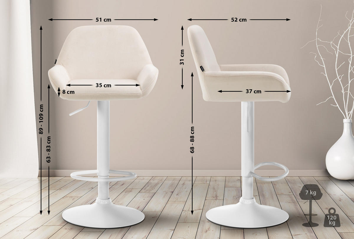 BARHOCKER Samt creme - Creme/Weiß, Textil/Metall (51/89/52cm) - CLP