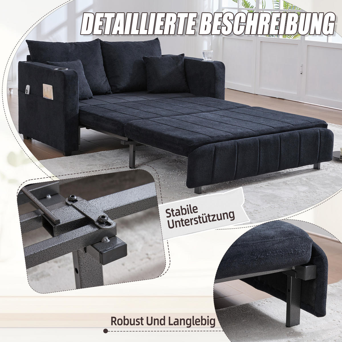 SCHLAFSOFA klappbar mit USB und Getränkehaltern, Schwarz - Schwarz, Textil (139/83/73cm)