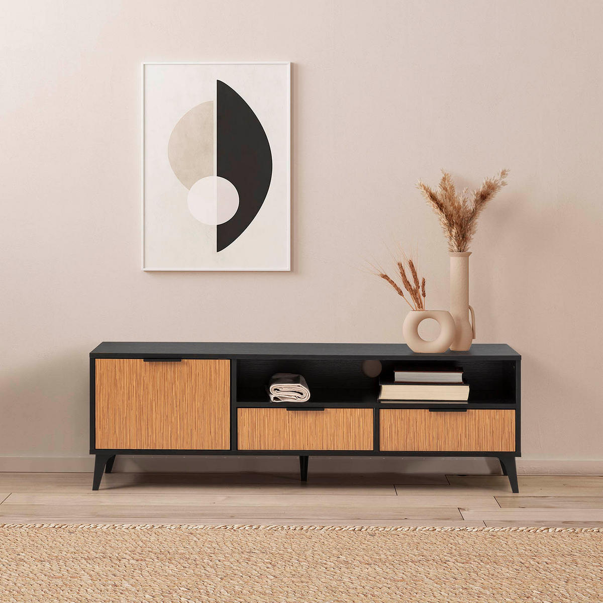 TV-ELEMENT Denis, Schwarz/Holzfarbe - Schwarz, Holzwerkstoff (136/44/40cm) - VS Venta-stock