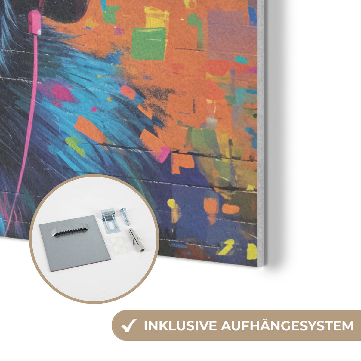 AKUSTIKBILD Graffiti - Schimpanse - Straßenkunst - Kopfhörer - Affe Akustikpaneele 90x60 cm - Blau, Kunststoff (90/60/0.9cm) - MuchoWow