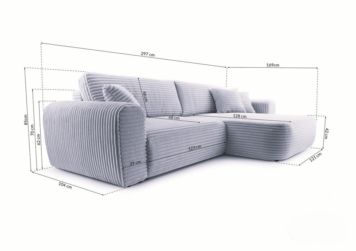 ECKSOFA VIVA Grau Kordstoff mit Schlaffunktion - Grau, Holz (297/169cm) - MASSENO