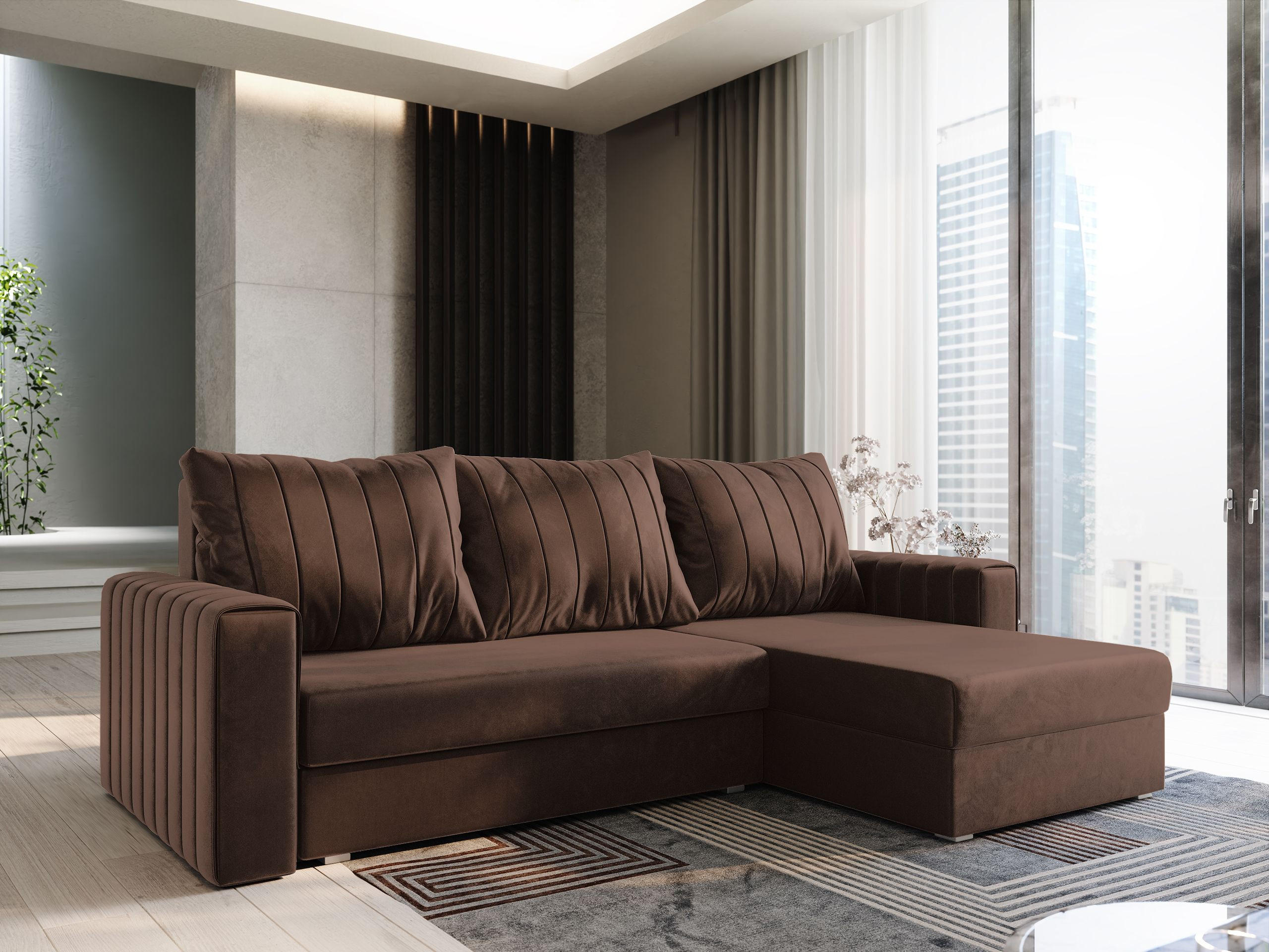 ECKSOFA CARL Braun Plüsch-Stoff mit Schlaffunktion - Braun, Holz (236/150cm) - MASSENO