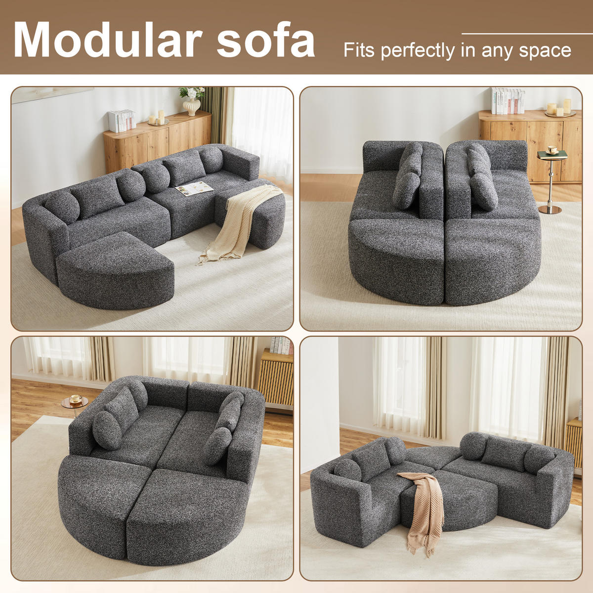 SCHLAFCOUCH aus Chenille in Grau Modulares Design & Ohne Montage - Schwarz, Textil (165/68/292cm) - Urban Meuble