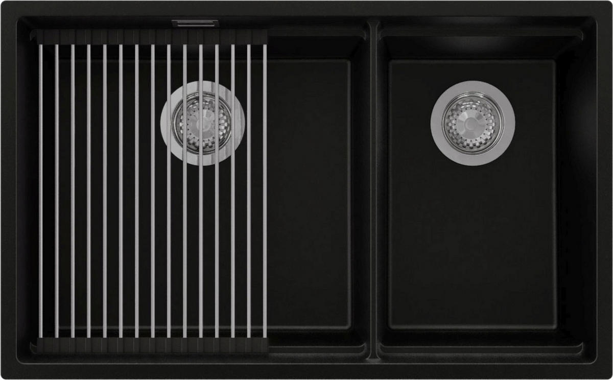 SPÜLBECKEN Praga Slim Duo, 2-er set Schwarz 76/47 cm 2 Becken + Ablauf-Set + Aufrollbare Abtropffläche ab 80er Unterschrank - Chromfarben/Schwarz, Kunststoff (76/20/47cm) - Primagran