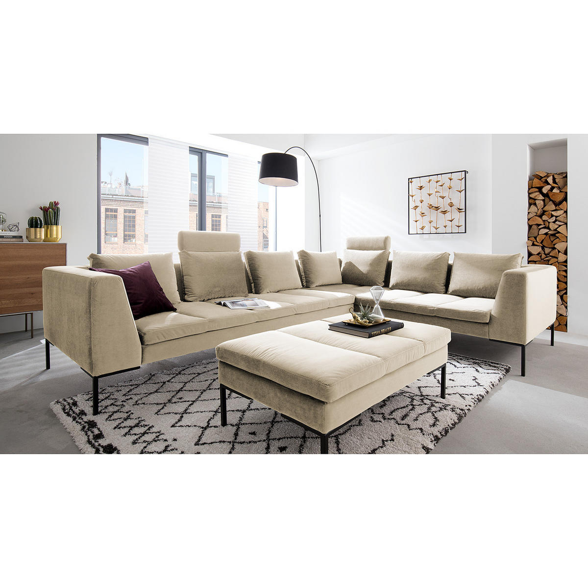 ECKSOFA mit Rundecke XL - Samt - Chromfarben/Beige, Textil/Metall (319/238cm) - home24