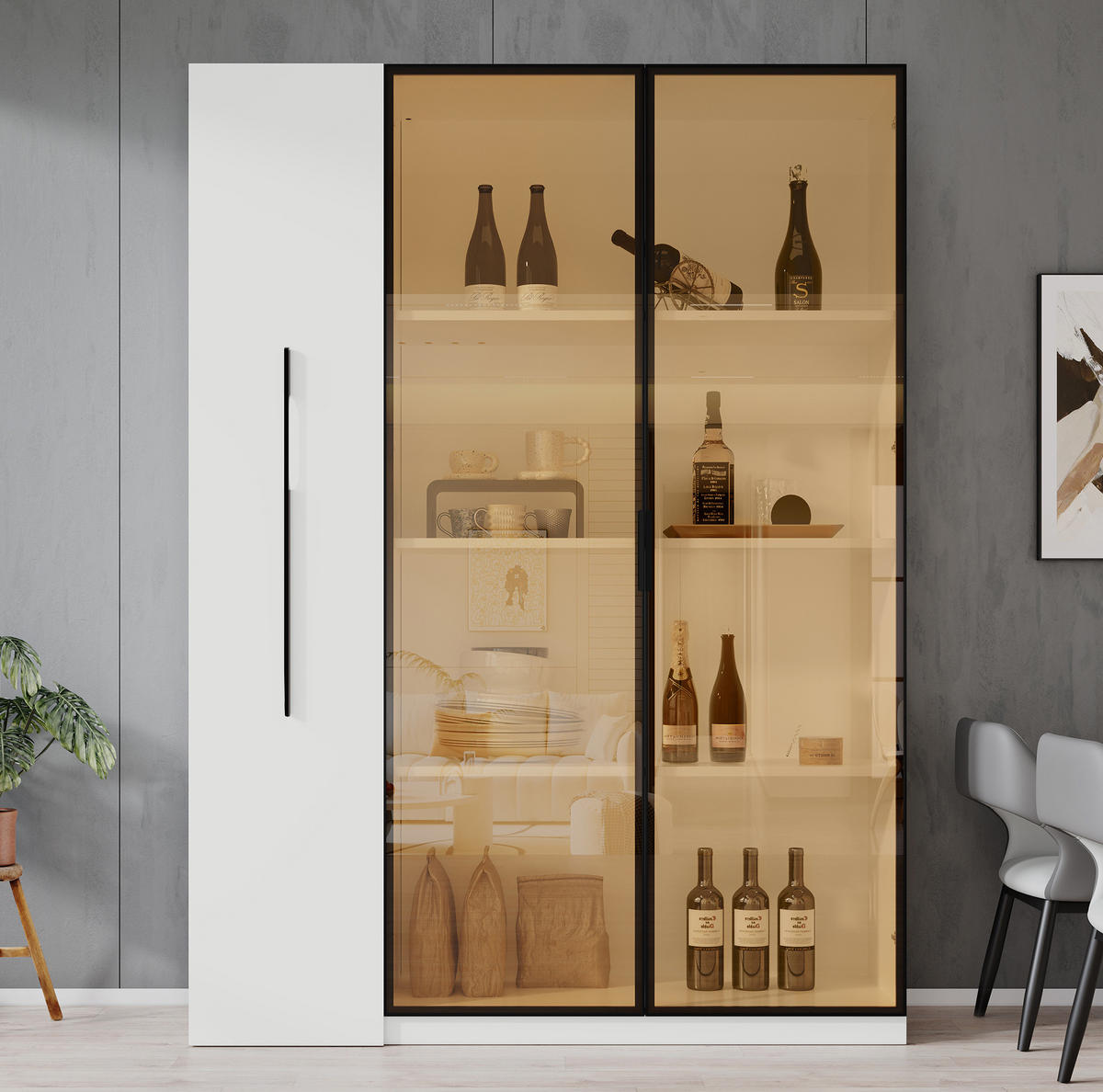 VITRINE aus MDF 110,5x35x160 cm Weiß mit LED-Beleuchtung, Seitenauszug und bernsteinfarbenem Glas - Weiß, Holzwerkstoff (110.5/160/35cm) - IVMEU