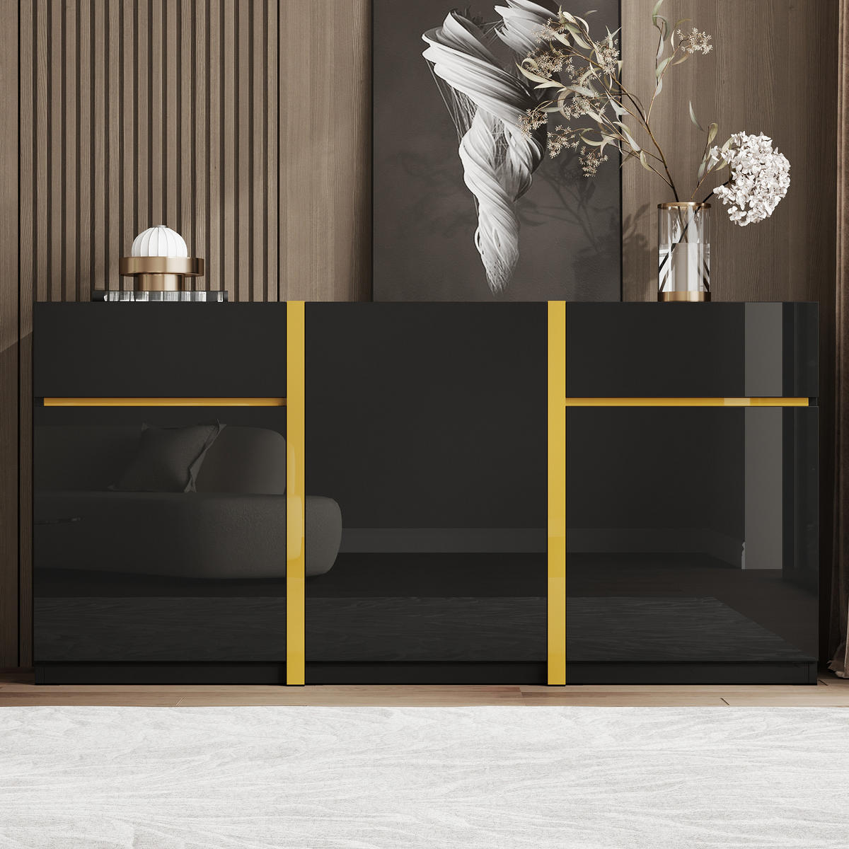 SIDEBOARD Hochglanz 3 Türen 2 Schubladen modern - Schwarz, Holz (160/78/40cm) - Fortuna Lai