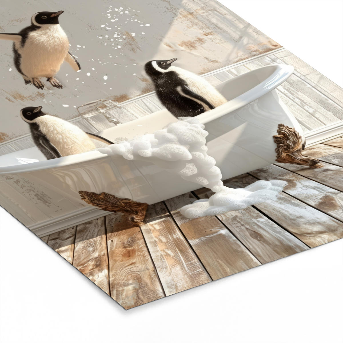 GERAHMTES BILD Vintage - Pinguin - Badewanne - Schaumstoff 30x40 cm - Schwarz, Papier (30/40cm) - MuchoWow