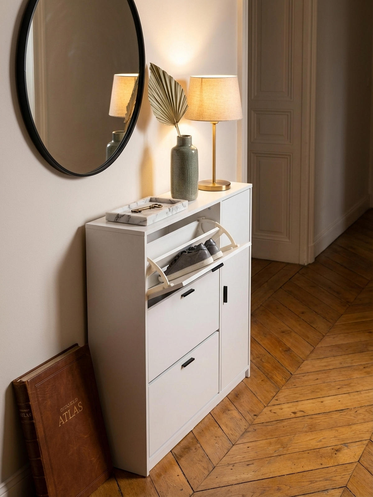 SCHUHSCHRANK – Weiß, 90x120x24 cm, Schuhkipper geschlossen, mit Ablage - Weiß, Holzwerkstoff (90/120/24cm) - KADIMA DESIGN