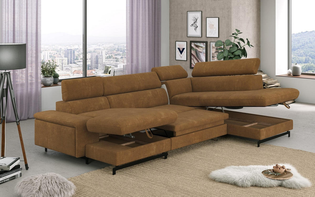 WOHNLANDSCHAFT mit Schlaffunktion und Bettkasten, Orlando-Stoff - Cognac/Schwarz, Kunststoff/Textil (215/81/328cm) - Cotta