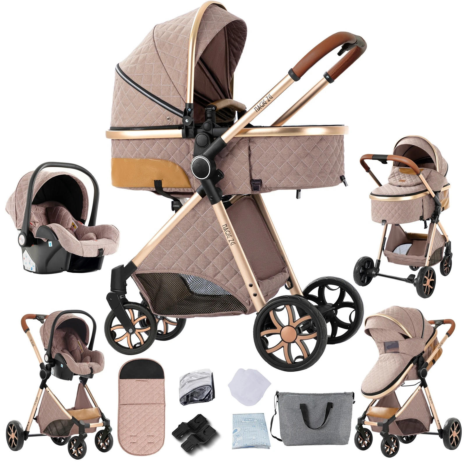 KINDERWAGENSET 3-in-1 mit Autositz, höhenverstellbarer Rückenlehne, wendbarem Sitz, Federung, Verdeck mit UV-Schutz für Babys, khaki - Hellbraun, Metall (80/60cm) - Kaket