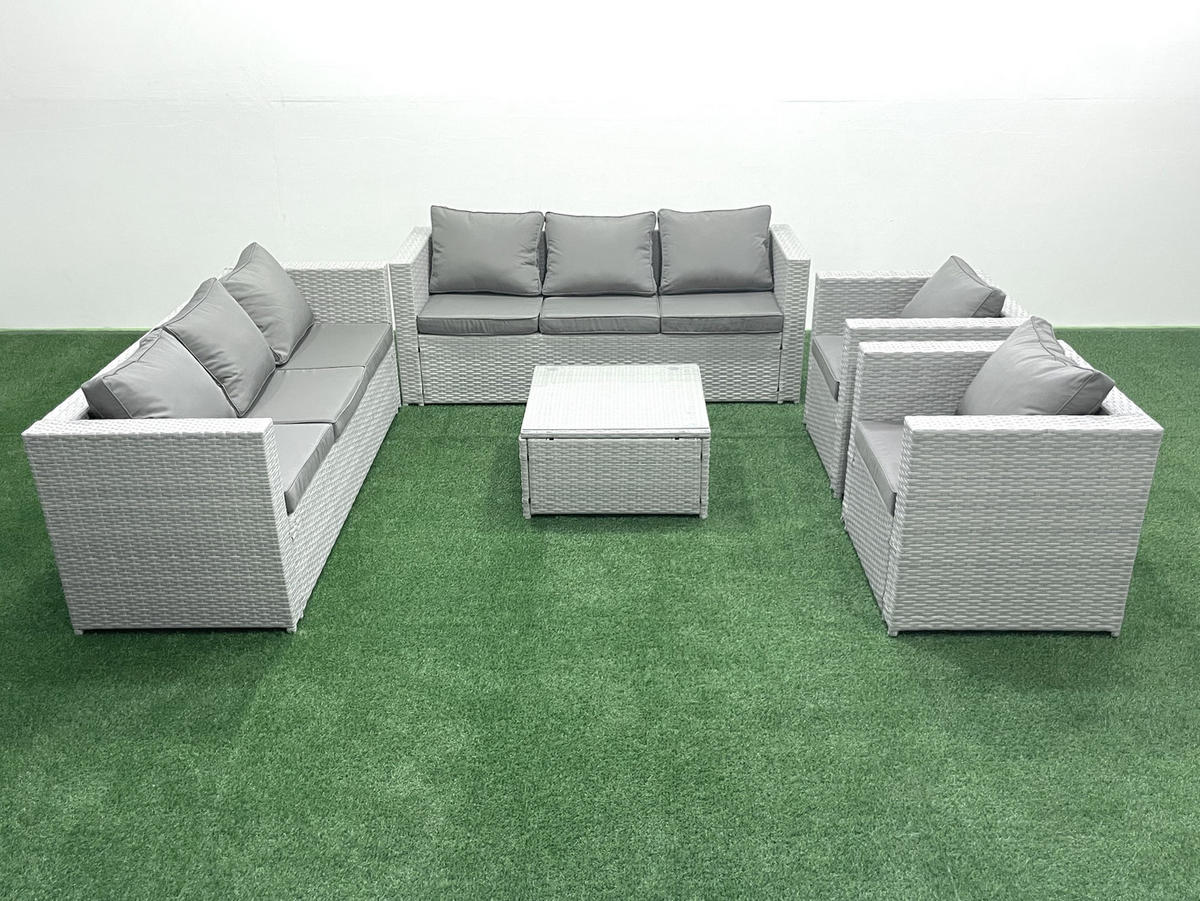 GARTENMÖBEL-SET mit Kissen Polyrattan Hellgrau-Mix 8-Sitzer - Hellgrau/Grau, Glas/Kunststoff - Fimous