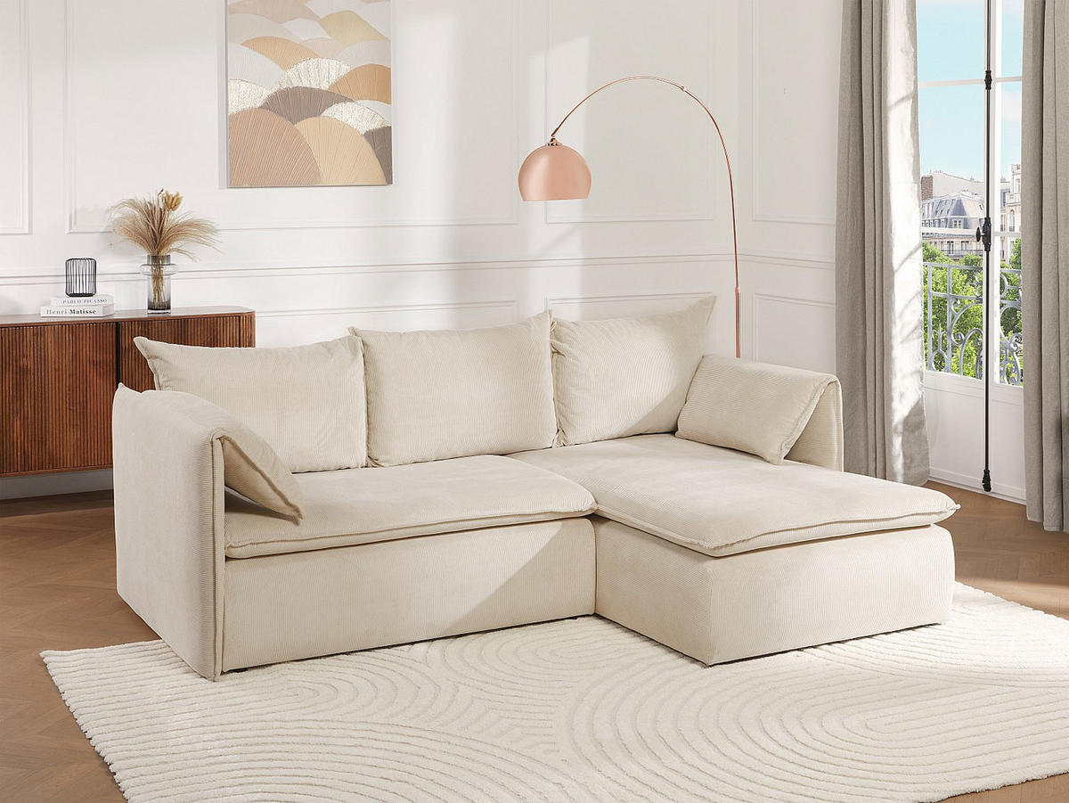 ECKSOFA mit Schlaffunktion - Ecke Rechts - Feincord - Beige - TEODORA - Beige, Textil (230/166cm) - Vente-Unique