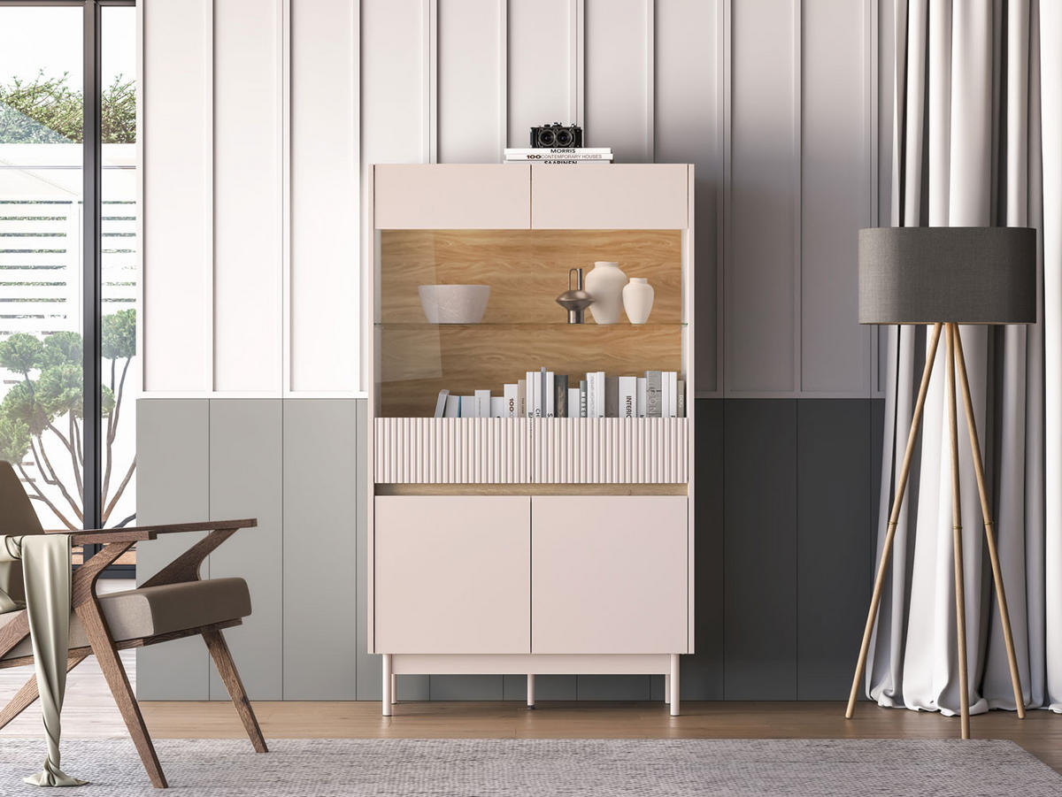 VITRINE Dunea 92 / 40 / 156cm Cashmere / Eiche Cremona Torro mit Beleuchtung - Hellbraun/Multicolor, Holz/Holzwerkstoff (92/40/156cm) - Feldmann-Wohnen