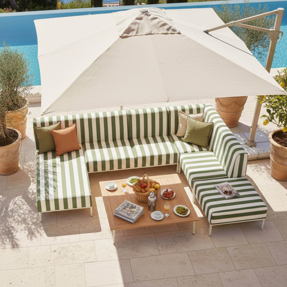 GARTENSOFA mit 6 Sitzplätzen, Khakigrün - Grün, Textil - Oviala
