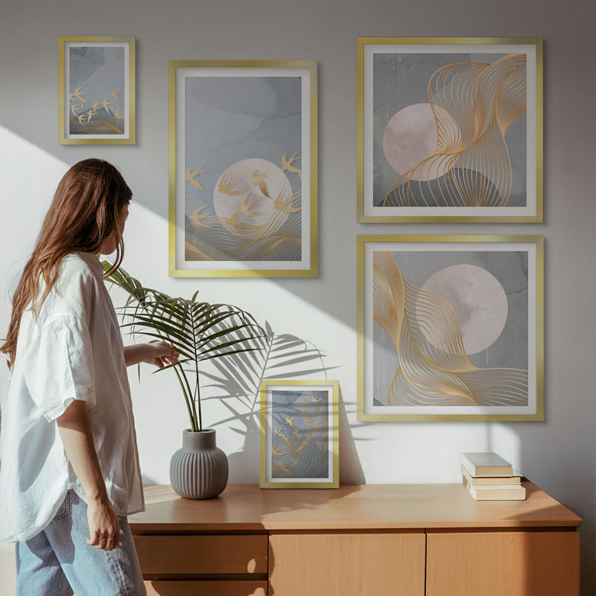 BILDER SET 5er Set - 50x50 cm & 20x30 cm & 40x60 cm Goldrahmen - Weiße Pferde - Goldfarben, Kunststoff (40/60cm) - TULUP