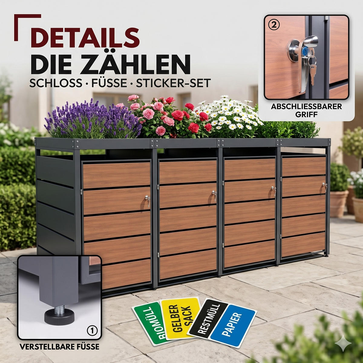 MÜLLTONNENBOX mit Pflanzkasten 4er, MTP4 - Anthrazit, Metall (260/116/80cm) - Albatros