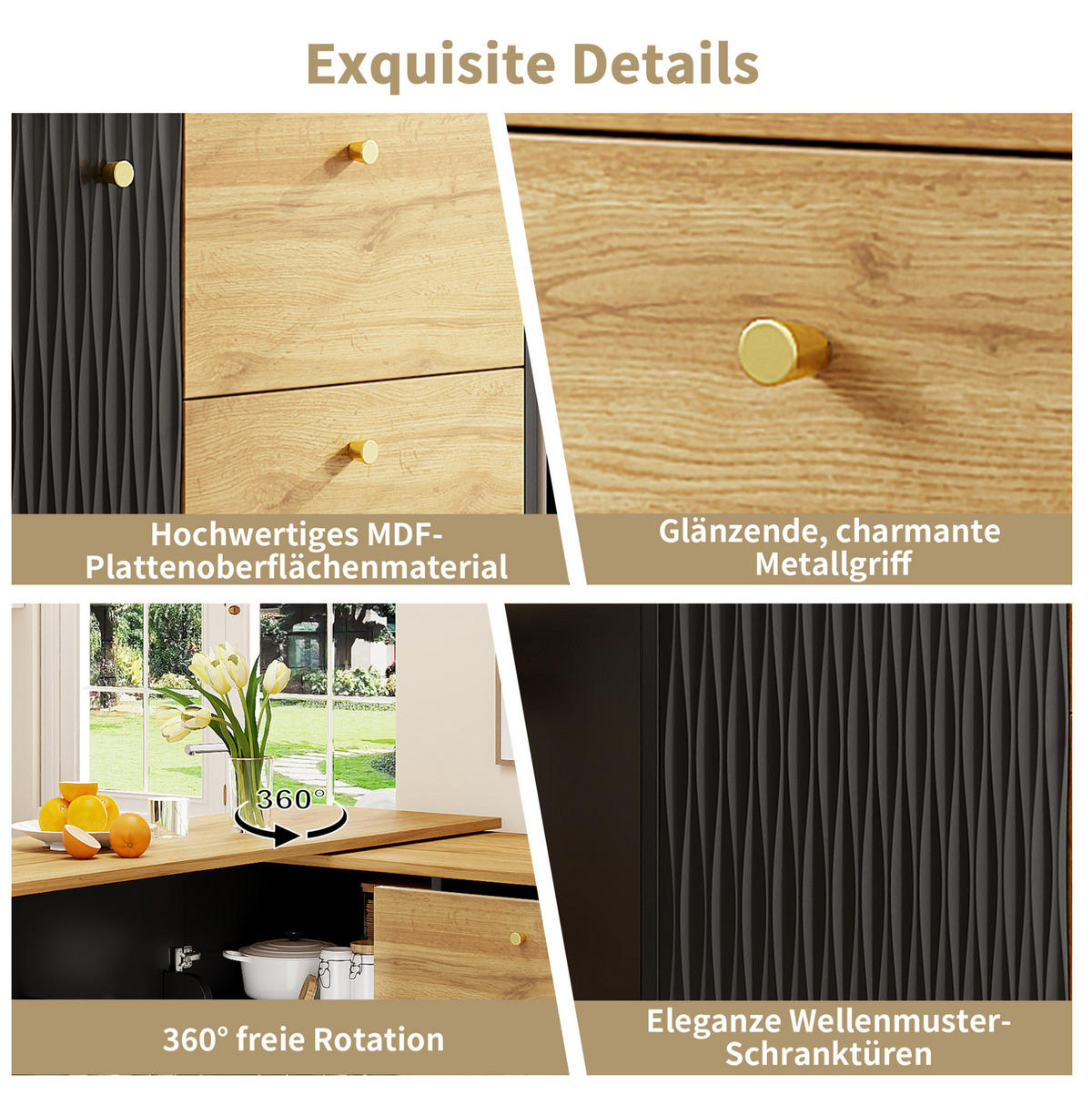BARTISCH aus MDF, 360° dreh- & ausziehbar mit Stauraum, 138-204/39/104 cm, Schwarz - Schwarz, Holzwerkstoff (39/104/138cm) - Redom