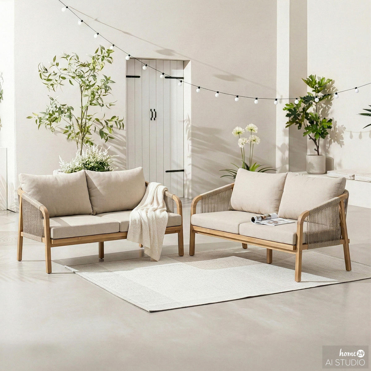 LOUNGEGRUPPE - 2-teilig - Akazie massiv / Polyester - Akazie Braun / Beige - Creme/Akaziefarben, Holz/Textil (1/1/1cm) - home24
