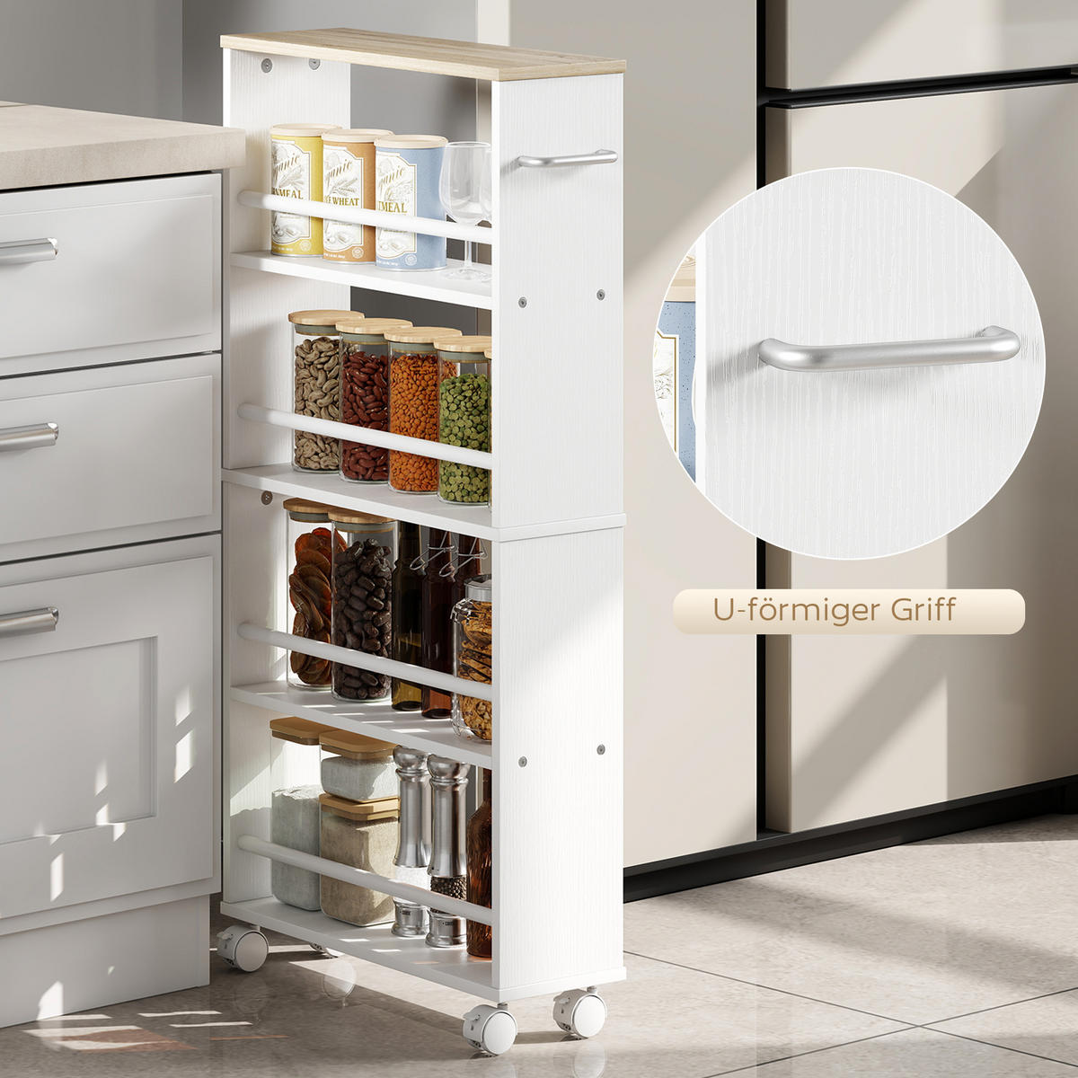 ROLLWAGEN, Schmaler Servierwagen mit 4 Etagen, Griffe, für Küche, Natur - Silberfarben/Naturfarben, Holzwerkstoff/Metall (15/91/45cm) - HOMCOM