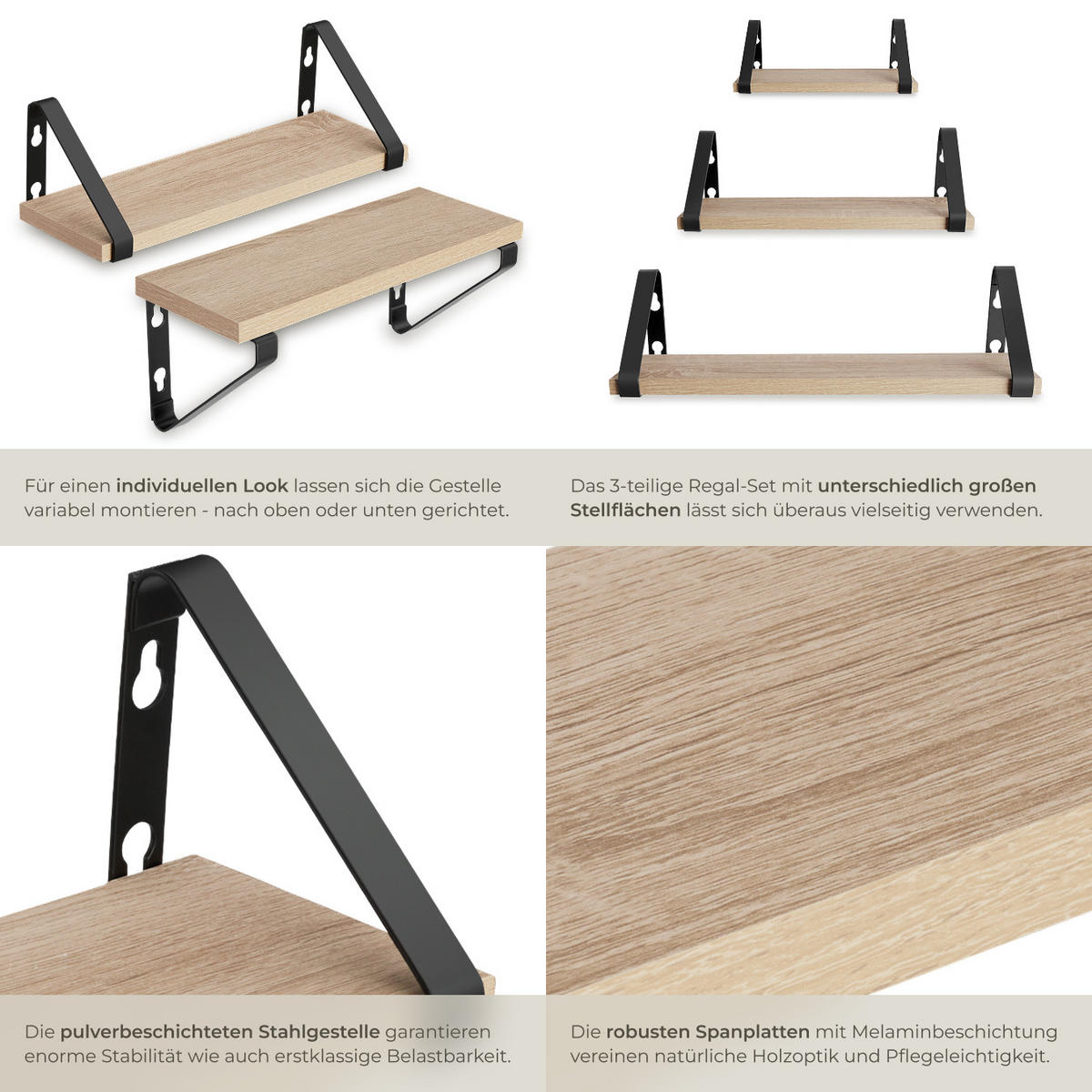 WANDREGAL 3er Set Cowell,Höhe 12 cm, Industrial Holz hell, Eiche Sonoma - Naturfarben, Holzwerkstoff (12/12/40cm) - tectake