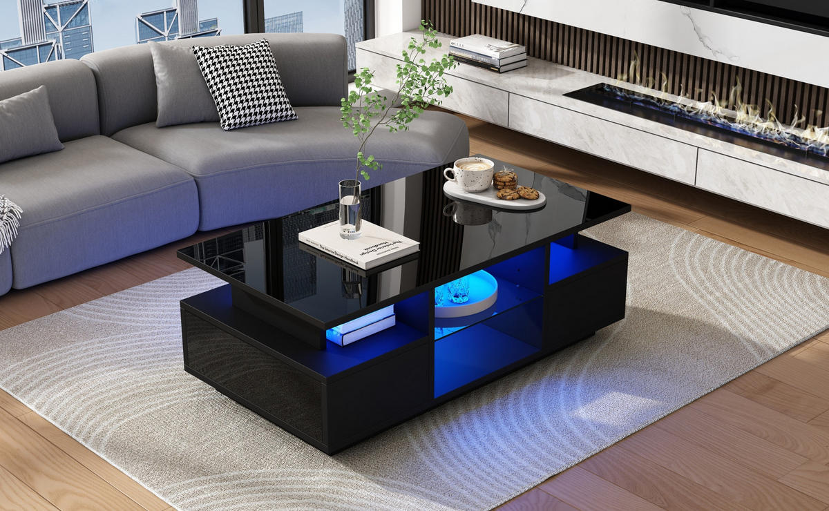 COUCHTISCH aus Spanplatte 100x50x36 cm in Schwarz mit LED-Beleuchtung - Schwarz, Holzwerkstoff (100/50/36cm) - Modfu
