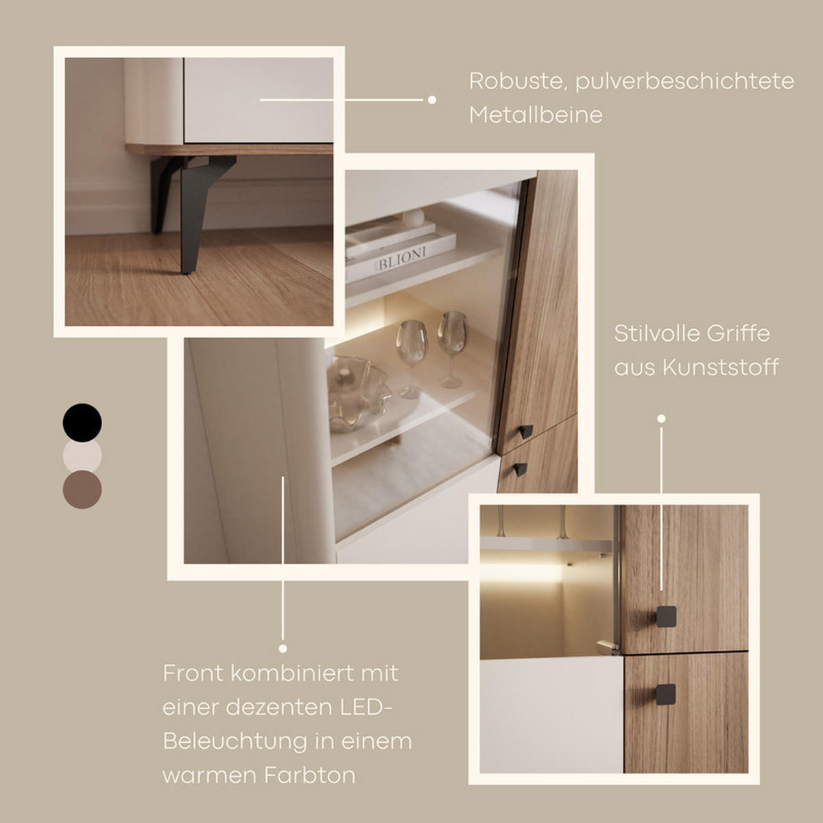 VITRINE BELLAGIO 190 cm Kaschmir / Nussbaum - Kaschmir/Schwarz, Holzwerkstoff (73/190/40cm) - Idohome