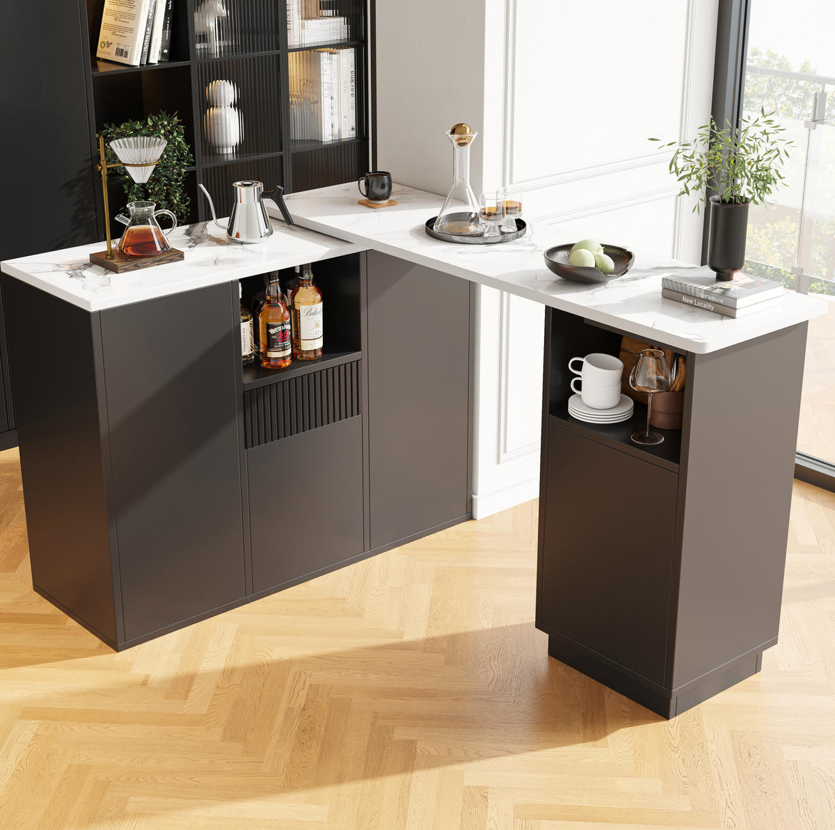 BARTISCH 210/30/100,9 cm mit 360°-Drehfunktion, offenem und geschlossenem Stauraum, MDF mit Marmoroptik, Schwarz - Schwarz, Holzwerkstoff (30/210/100.9cm) - Redom