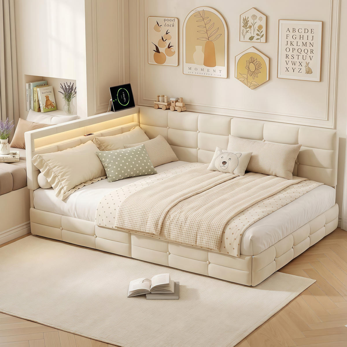 POLSTERBETT 140x200 cm mit 2 Schubladen und LED - Gepolstertes Schlafsofa aus Leinen mit USB und Lattenrost - Für Jugendliche und Erwachsene - Beige - Beige, Holzwerkstoff (140/200cm) - Brevoria