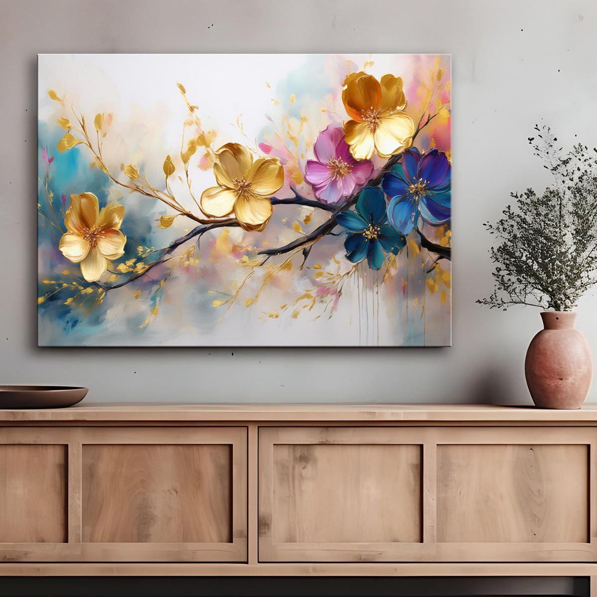 WANDBILD blühende bunte glamour blumen - Goldfarben, Textil (60/40cm) - Feeby