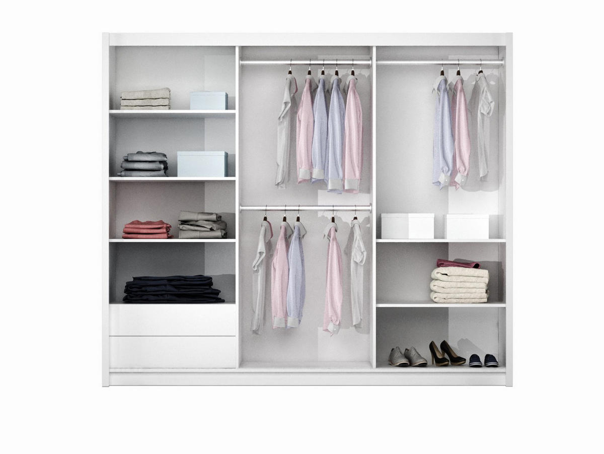 SCHWEBETÜRENSCHRANK IVERN 250/215/65 cm 2-türig mit Spiegel Weiß - Weiß, Holzwerkstoff (250/215/65cm) - MASSENO