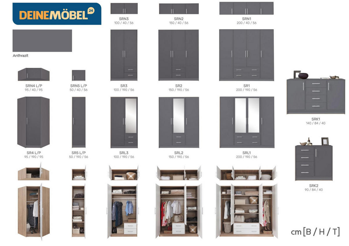 KLEIDERSCHRANK SAM SR3 2-türig 100 / 190 / 56 cm Anthrazit - Anthrazit, Holzwerkstoff (100/190/56cm) - Deine Möbel 24