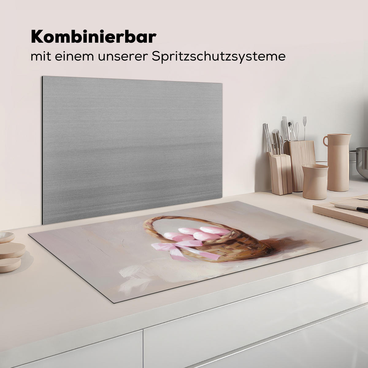 HERDABDECKPLATTE Korb - Eier - Rosa Ceranfeldabdeckung 90x52 cm - Beige, Kunststoff (90/52/0.2cm) - MuchoWow