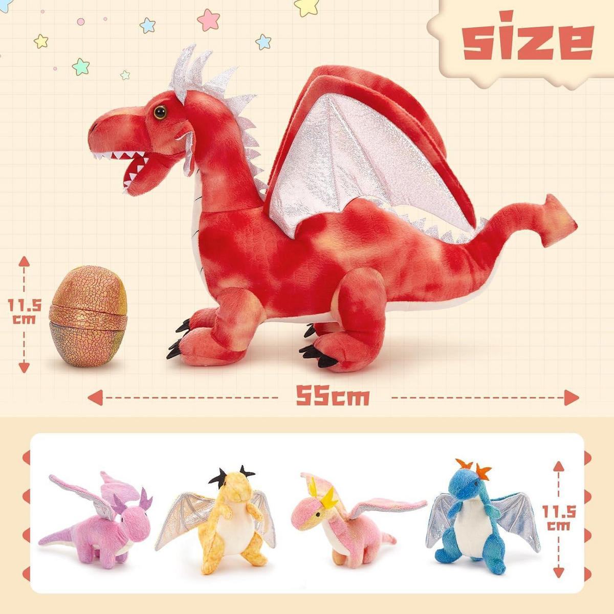 PLÜSCHTIER Drache mit Babys 55 cm Rot - Multicolor, Textil (53/55cm)