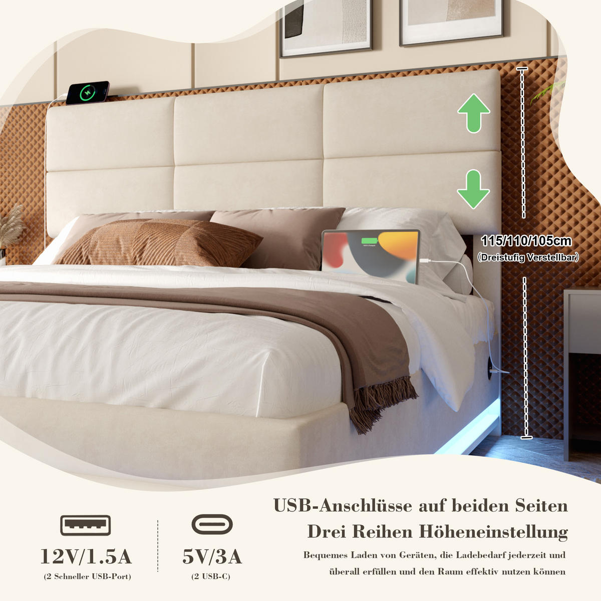 POLSTERBETT 140x200 cm LED USB Samt beige - Beige, Textil (140/200cm) - LEBENLANG