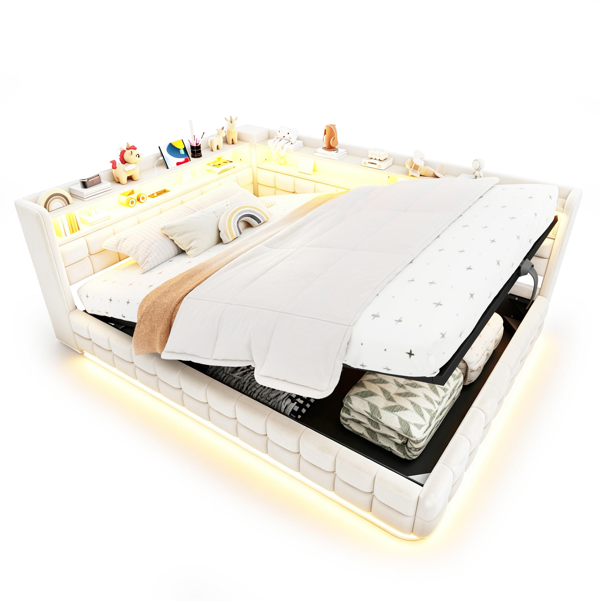 POLSTERBETT Beige 140×200cm mit hydraulischem Stauraum, Holzregal, LED-Lichtleiste und Ladeanschlüssen - Beige, Textil (140/200cm) - Luhomfu