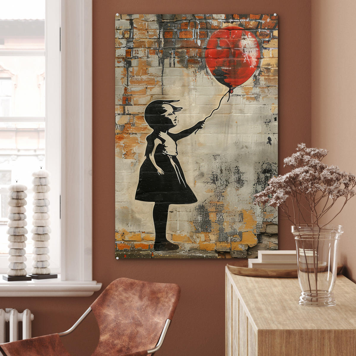 ACRYLGLASBILD Graffiti - Banksy - Mädchen - Straßenkunst 60x90 cm - Sandfarben, Glas (60/90cm) - MuchoWow