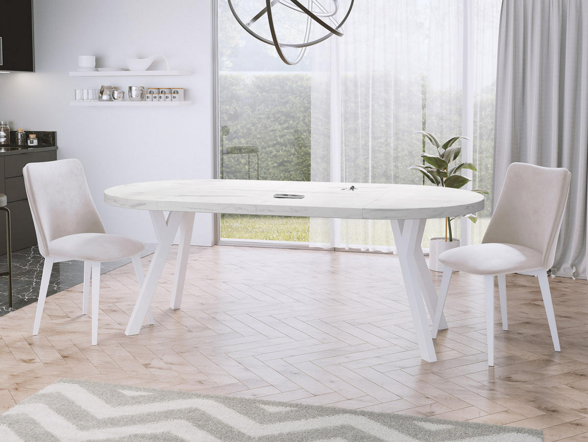ESSTISCH Twixy runder ausziehbarer, Marmor Weiß 90-170/90/76 cm - Ecru/Weiß, Holz/Holzwerkstoff (90/90/76cm) - WFL GROUP