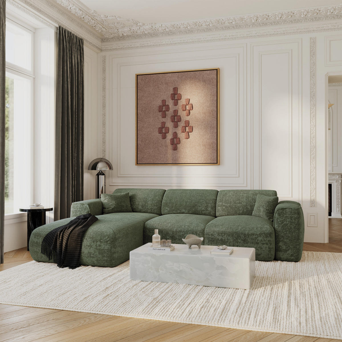 ECKSCHLAFSOFA Geprägter Samt Smaragdgrün 283cm - Smaragdgrün, Textil (283/180cm) - Sia Home