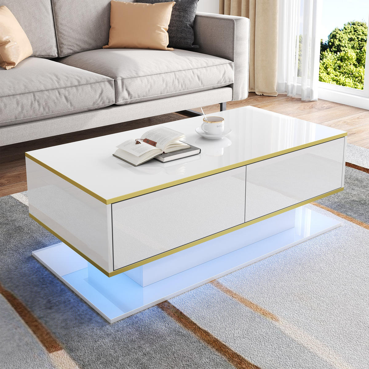 COUCHTISCH 100/50/40 cm Weiß Gold mit LED-Beleuchtung und 3 Schubladen Hochglanz - Weiß, Holzwerkstoff (100/50/40cm) - OKWISH