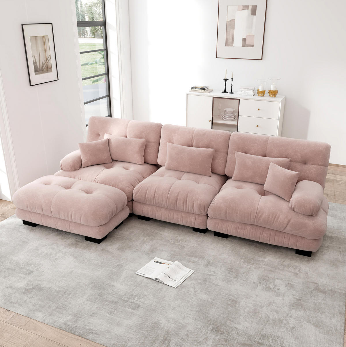 SOFA modular Chenille Pink mit beweglichen Ottomans - Pink, Kunststoff (145/313.1cm) - Meubliv