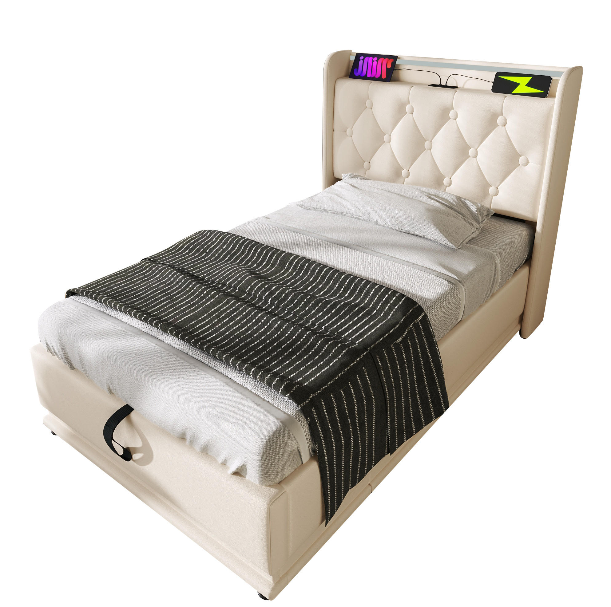POLSTERBETT 90/200 cm Weiß aus PU mit Stauraum, LED-Beleuchtung und USB - Weiß, Kunststoff (90/200cm) - Flora Grace